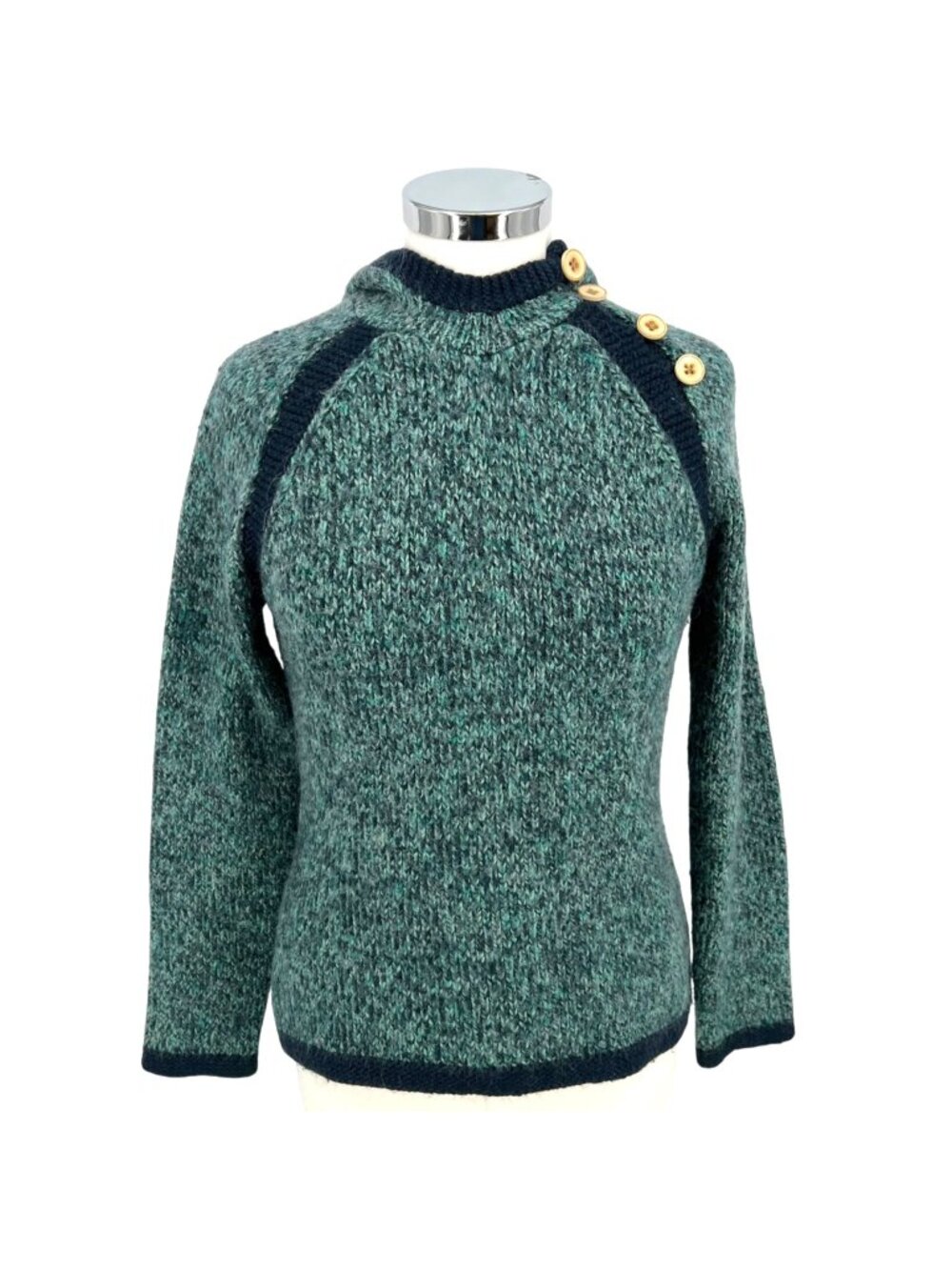 REI Hooded Button Neck Wool Blend Sweater Teal with Contrast Blue Size Small